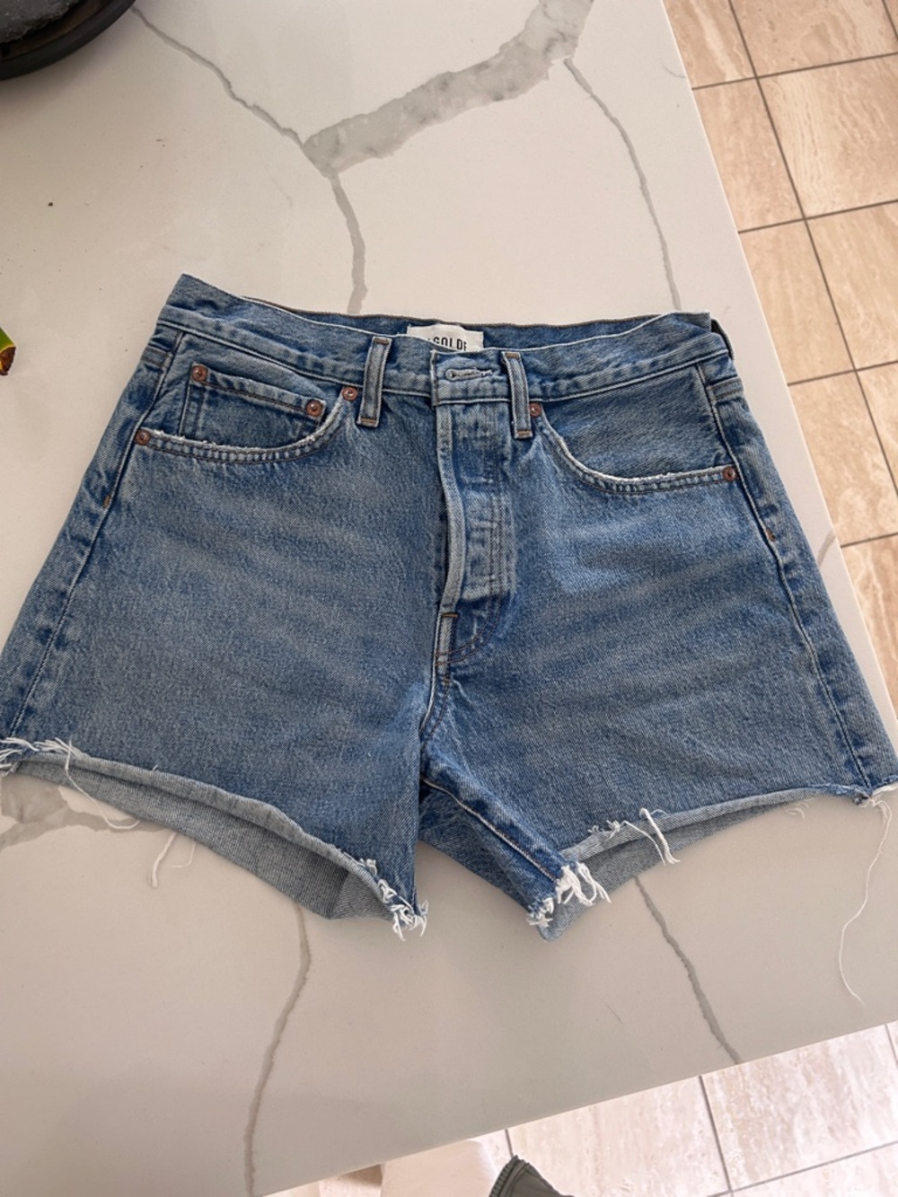 Agolde Light Blue Frayed Hem Denim Shorts PARKER LONG